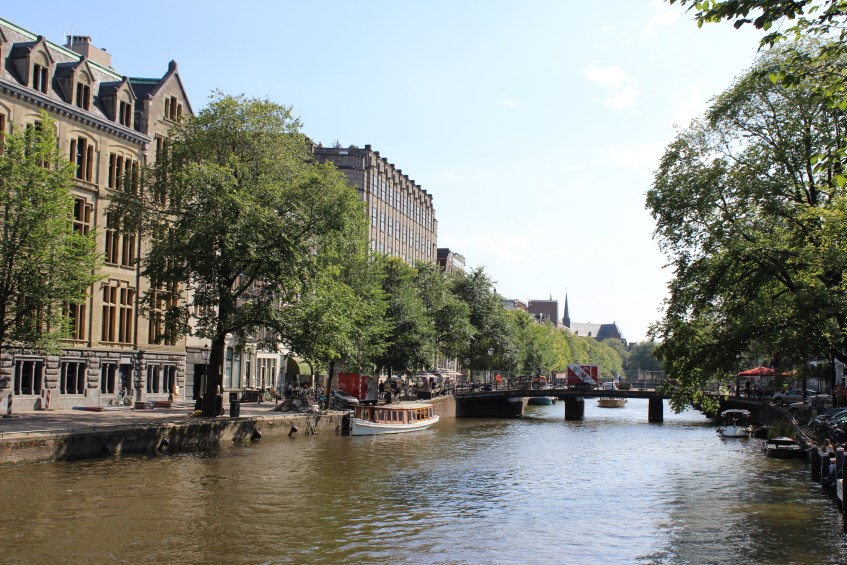 Buildings on a canal with trees